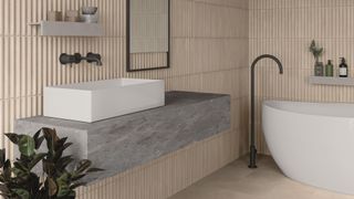 Japandi Bathroom idea with ribbed wall tiles and a floating gray marble sink unit