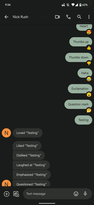 Screenshot of Android user showing iMessage reactions on Android