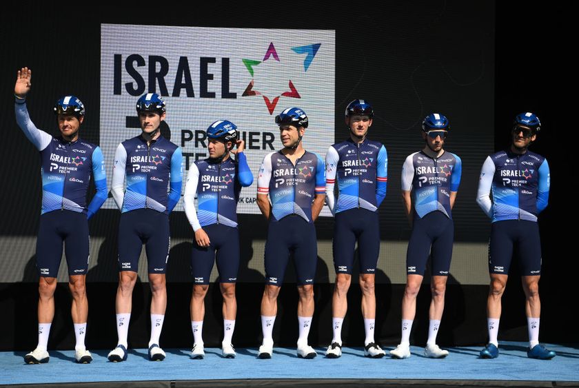 QUEBEC CITY, QUEBEC - SEPTEMBER 13: Derek Gee of Canada, Guillaume Boivin of Canada, Jakob Fuglsang of Denmark, Hugo Houle of Canada, Krists Neilands of Latvia, Corbin Strong of New Zealand, Stephen Williams of The United Kingdom and Team Israel - Premier Tech prior to the 13th Grand Prix Cycliste de Quebec 2024 a 201.6km one day race from Quebec City to Quebec City / #UCIWT / on September 13, 2024 in Quebec City, Quebec. (Photo by Alex Broadway/Getty Images)
