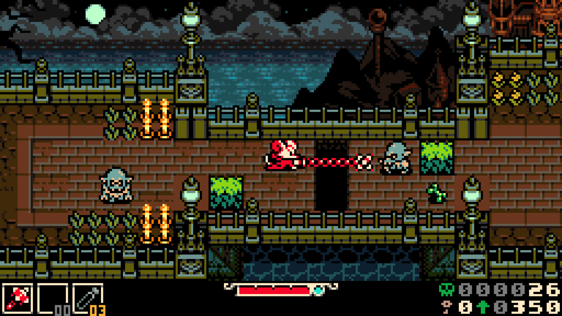Mina attack an enemy across a pit in Mina the Hollower