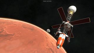 A Kerbal spaceship orbits Mars in Kerbal Space Program 2.