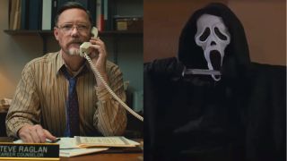 Matthew Lillard taking a phone call in Five Night's At Freddys and Ghostface wielding a knife in Scream, pictured side by side.