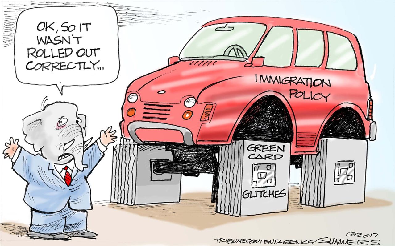 Political Cartoon U.S. GOP immigration policy green card glitches