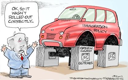 Political Cartoon U.S. GOP immigration policy green card glitches