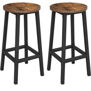 pair of rustic wooden and metal bar stools