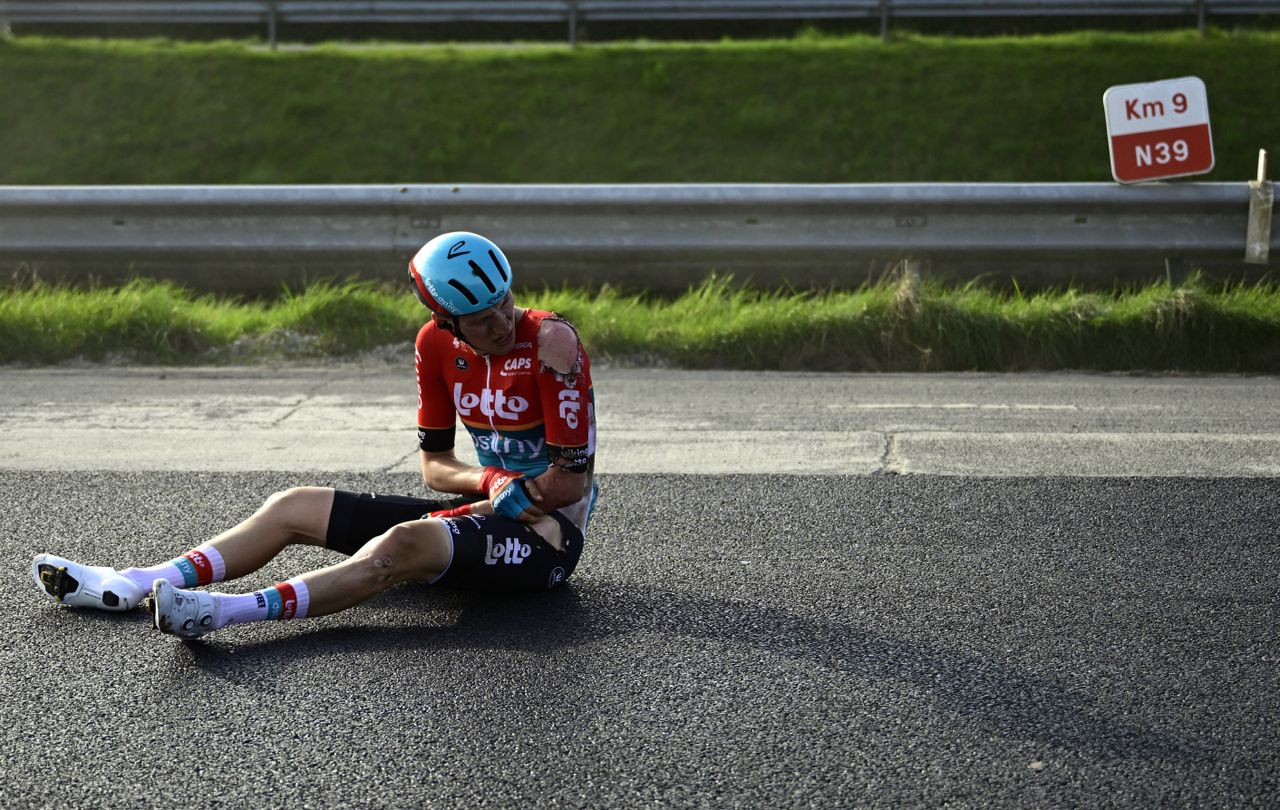 A Lotto Dstny rider on the floor