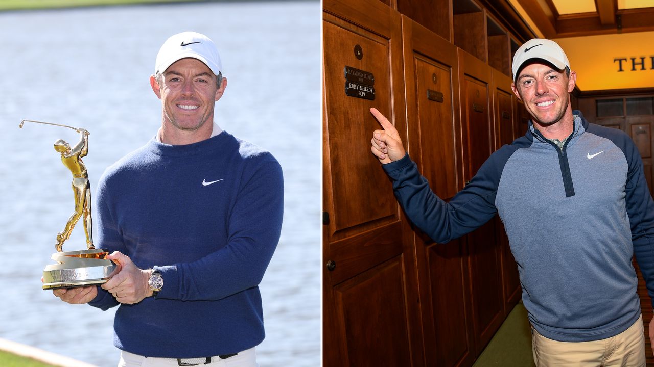 Rory McIlroy holds The Players Championship trophy and points to his locker