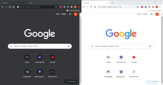 dark and light mode comparison of google home page
