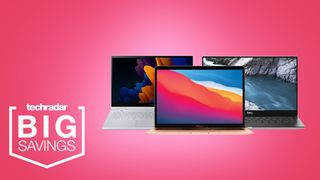 deals image: MacBook Air, Galaxy Book Flex, and Dell XPS 13 on pink background