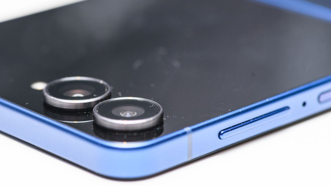 Samsung Galaxy Z Flip 7 in blue close up of the two camera lenses