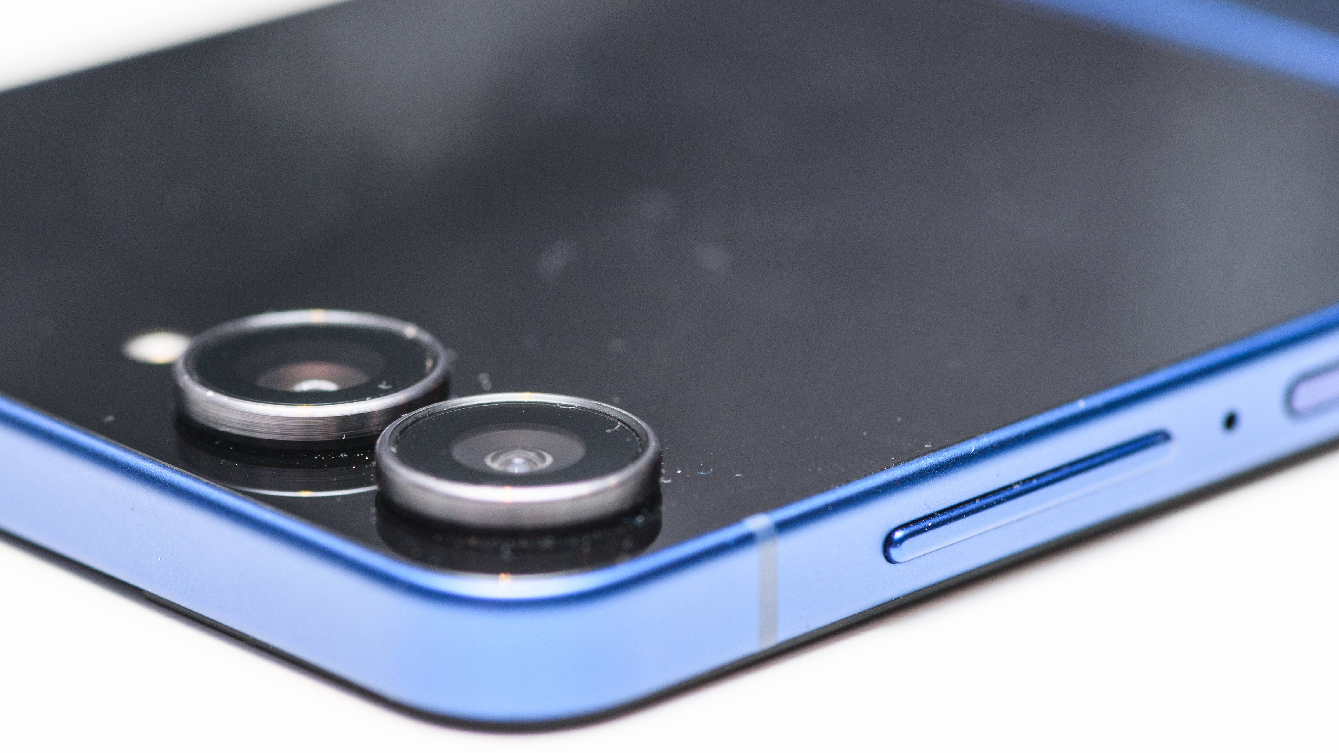 Samsung Galaxy Z Flip 7 in blue close up of the two camera lenses