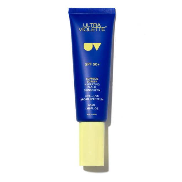 Ultra Violette Supreme Hydrating SPF 50+ Hydrating SKINSCREEN. A blue tube with a yellow lid and writing