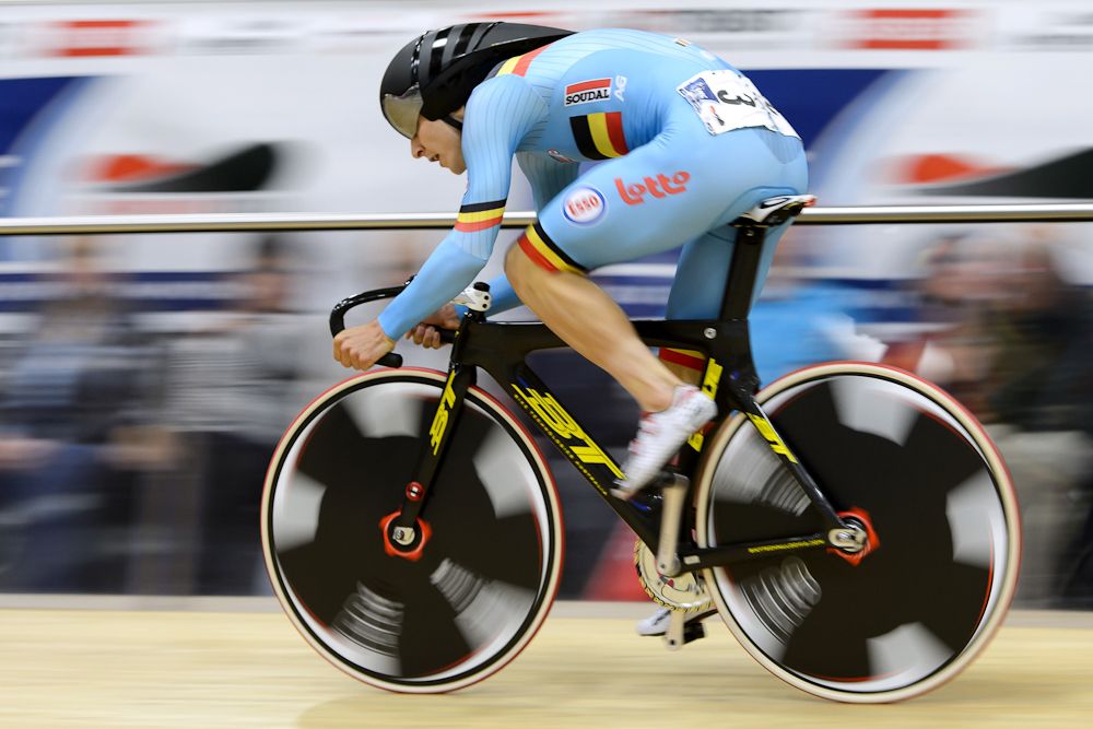 Second placed, Jasper De Buyst of Belgium rides during the Men's Omnium Flying Lap race at the Track Elite European Championships in Grenchen, Switzerland