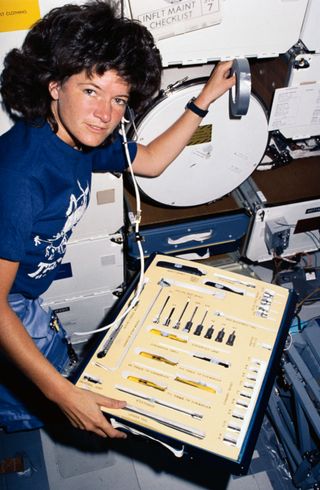 Sally Ride With Tools Used on Challenger