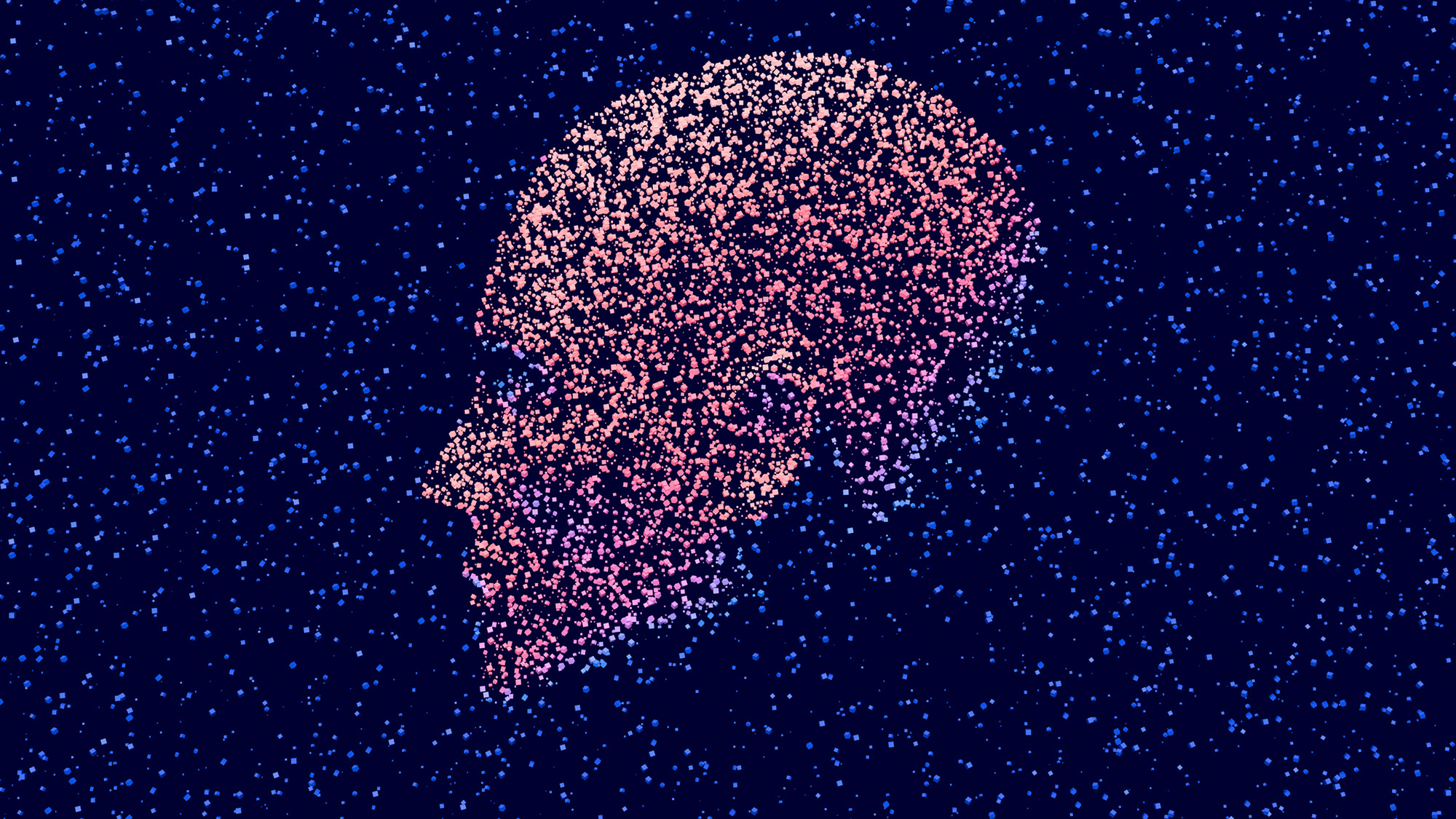 A pixelated head is seen against a dark background