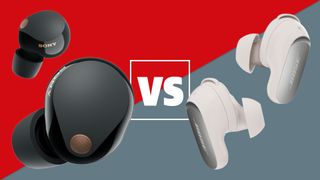 The Bose QuietComfort Ultra Earbuds (2nd Gen) and Sony WF-1000XM5 wireless earbuds on a red and grey background with a white versus sign between them.