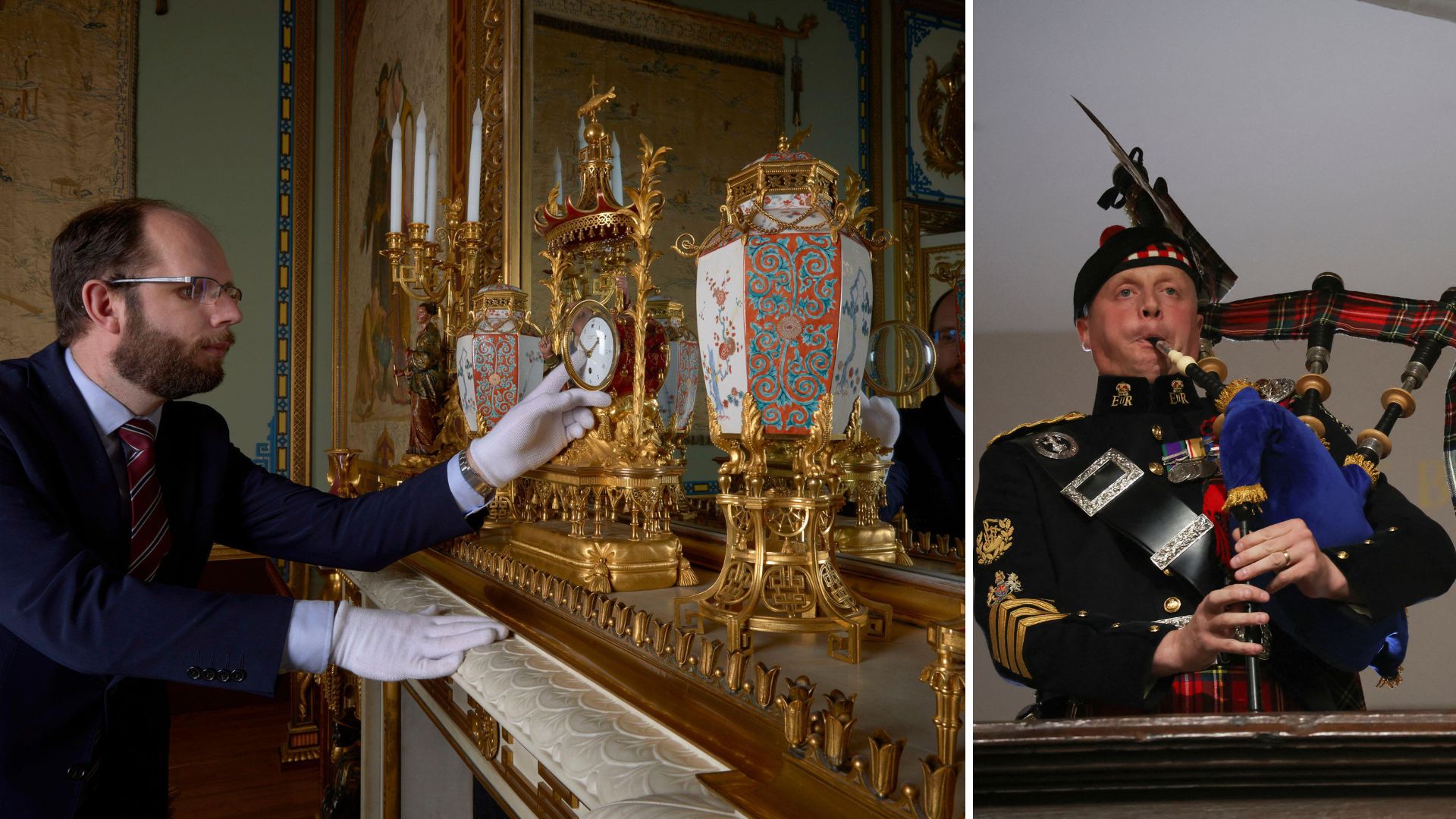 L- A royal horologist tending to clocks, R-a bagpipe player 