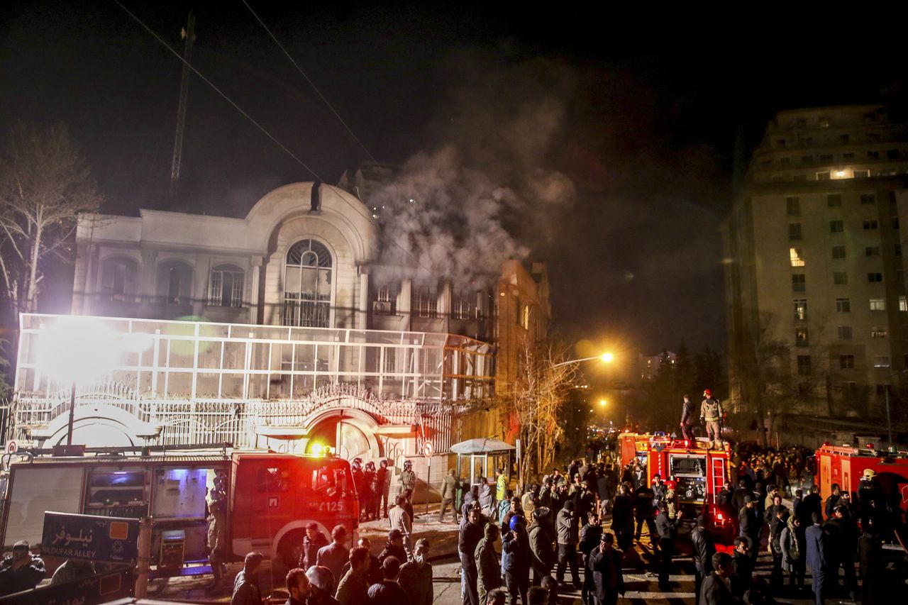 Iranians protest outside the Saudi embassy in Tehran