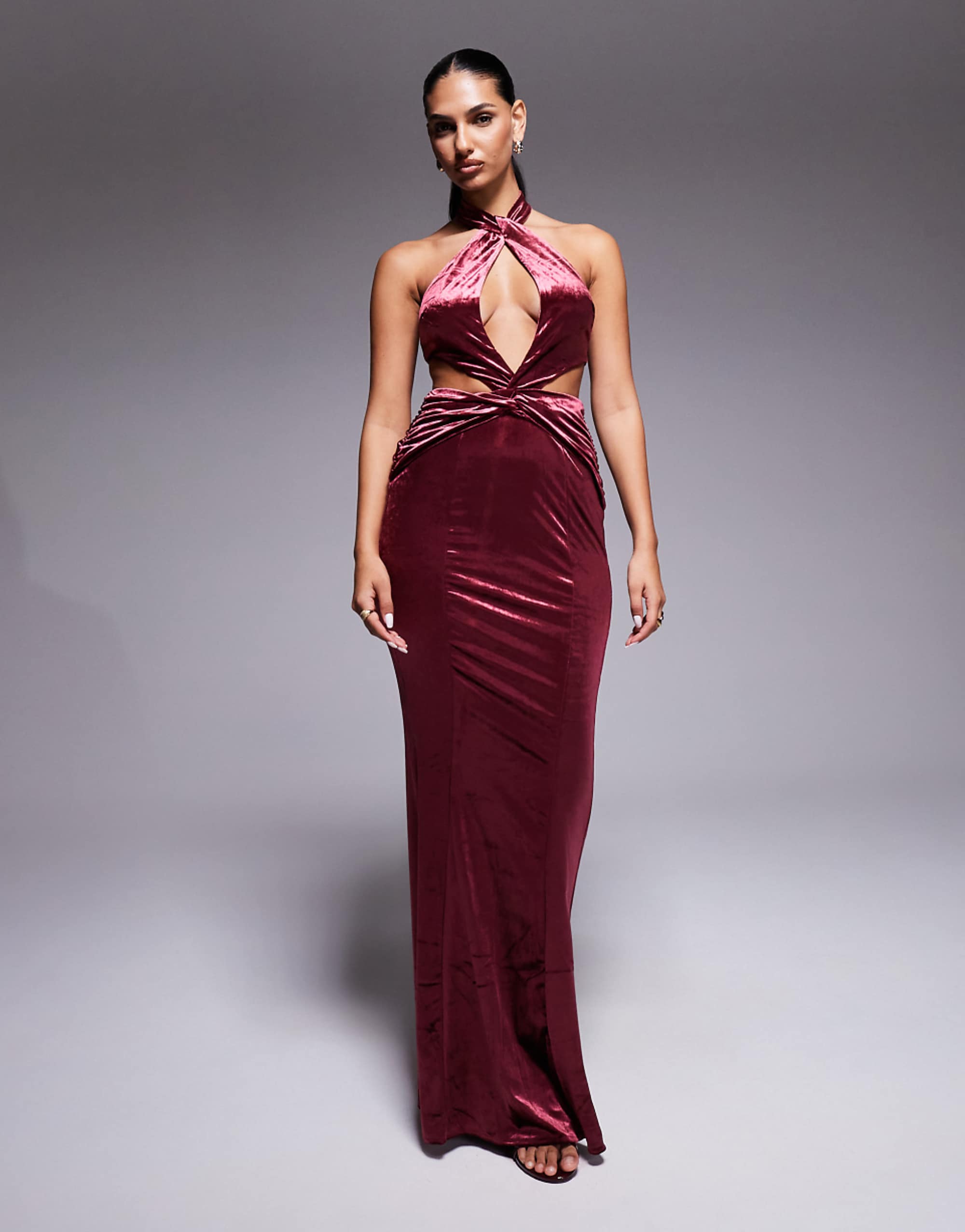 Oh Polly Adriana Halter Neck Velvet Maxi Dress in Wine