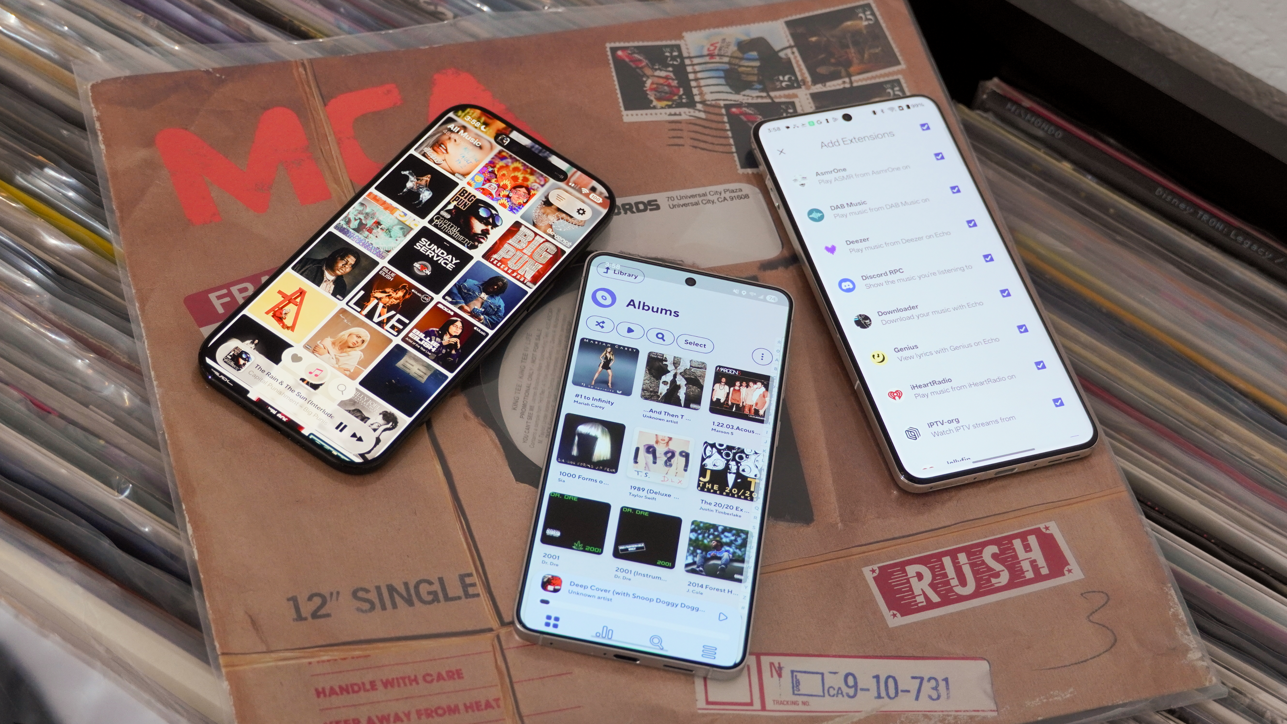 Music player apps running on various Android phones and iPhones.