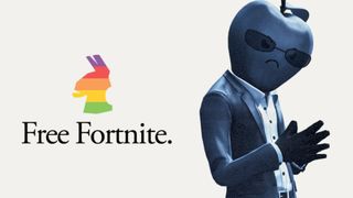 Image displaying a shady-looking Apple that says "Free Fortnite" with a rainbow llama outline. It is from Epic Games' "Free Fortnite" ad campaign against Apple.