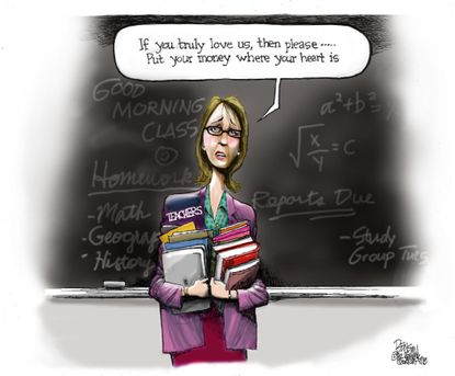 Political cartoon U.S. teacher strikes salaries