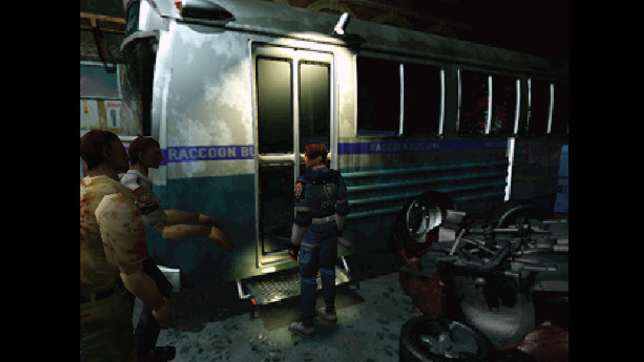 Leon Kennedy stands in front of a bus in Resident Evil 2 for the GameCube as zombies approach