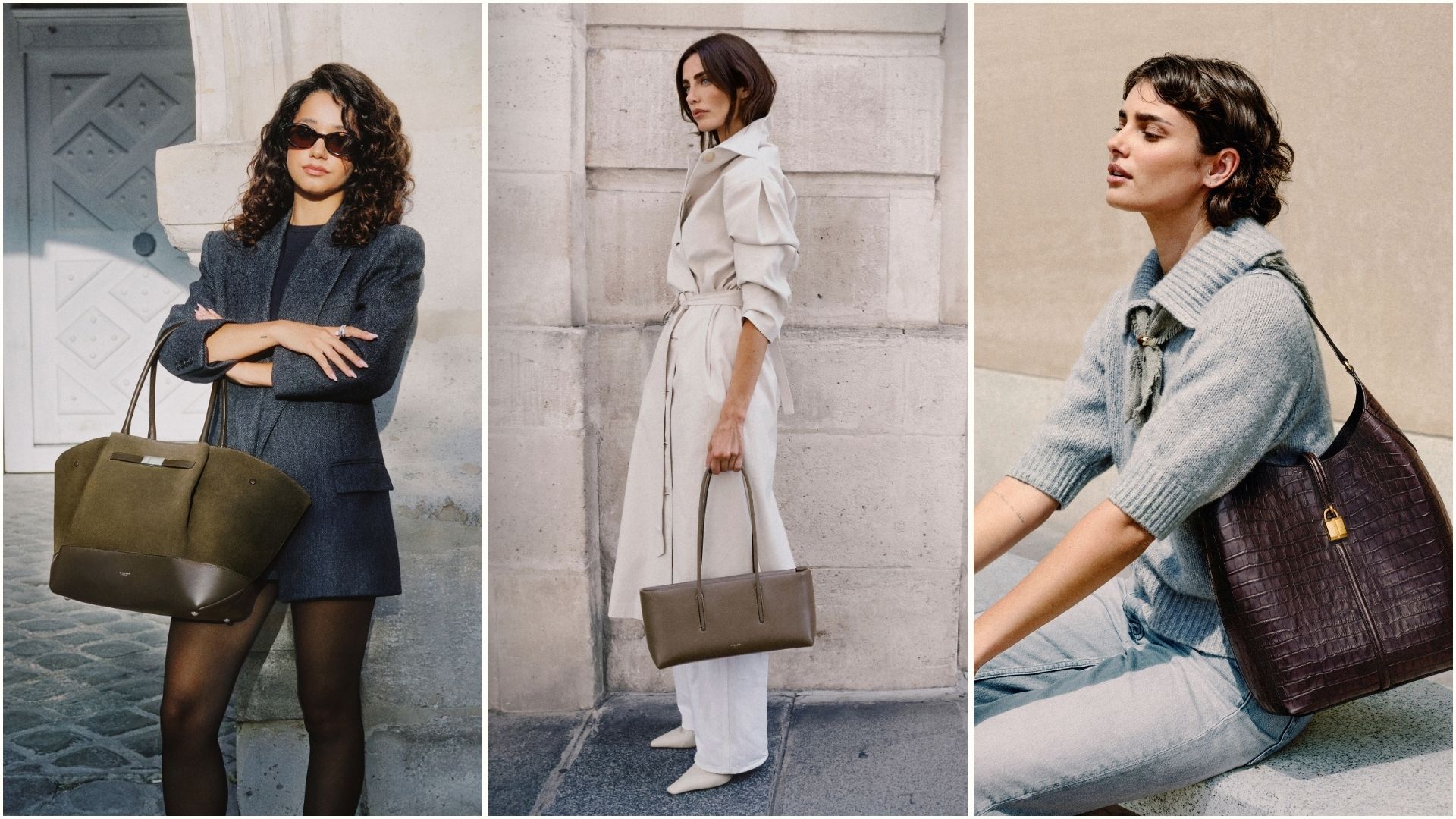 Lena Mahfouf, Rebecca Donaldson and Taylor Hill carry DeMellier bags