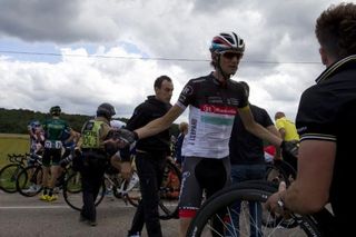 A perturbed Frank Schleck (RadioShack-Nissan) after being invovled in a large crash at 25km to go in stage 6.