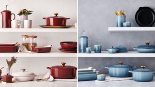 Compilation of two Le Creuset new colours Rhone red and Chambray blue
