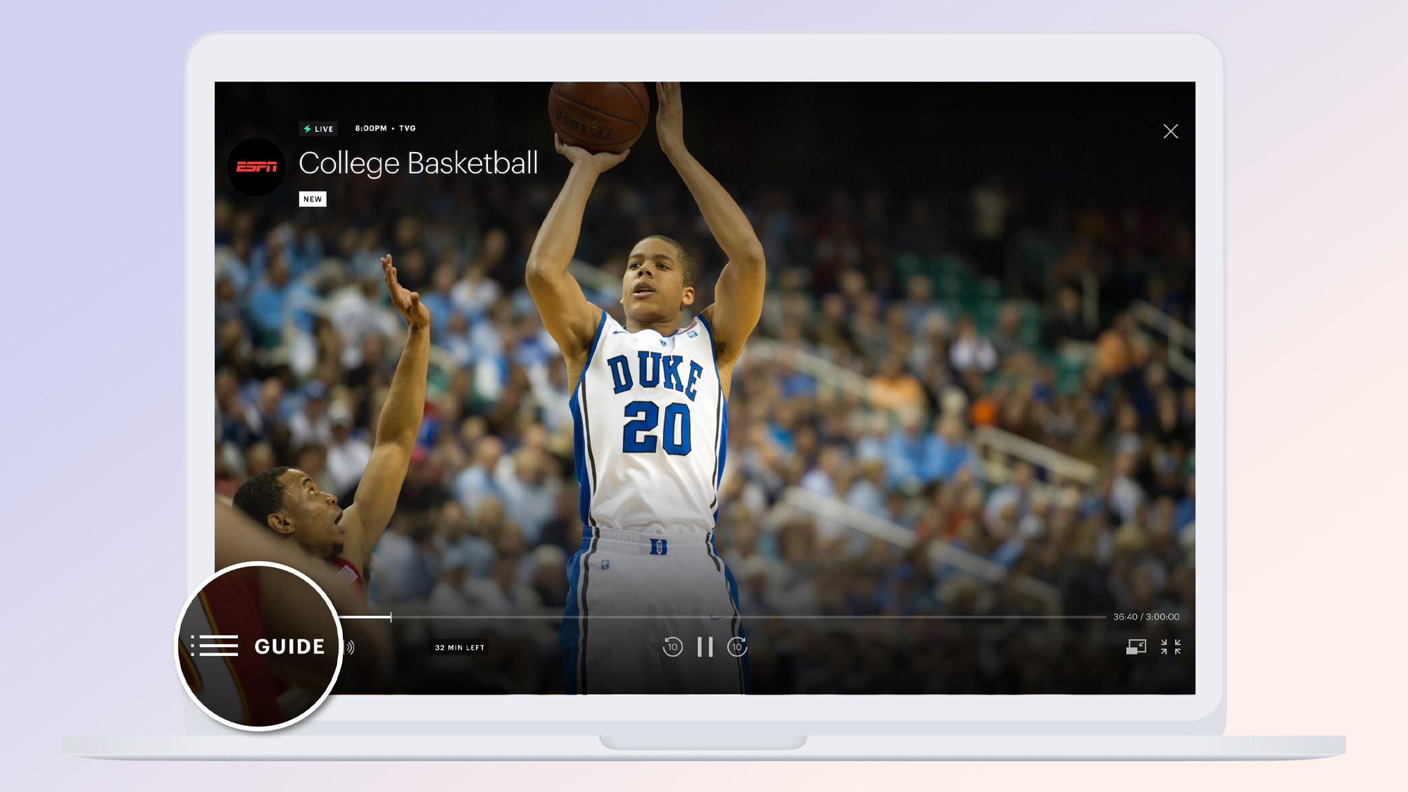 A college basketball game plays on Hulu with Live TV