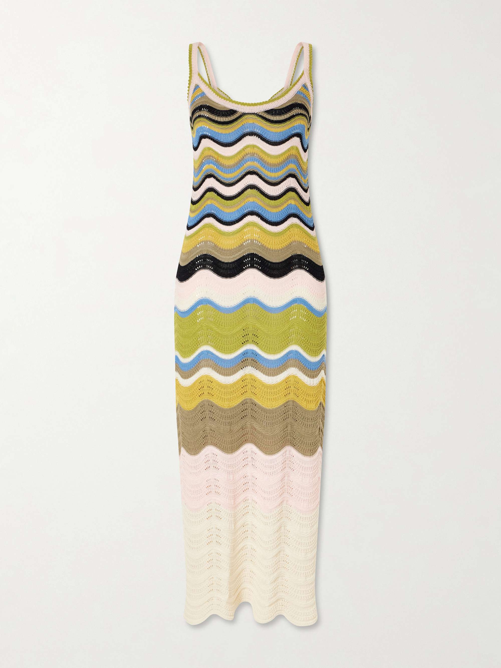 Scalloped Striped Crocheted Cotton Maxi Dress