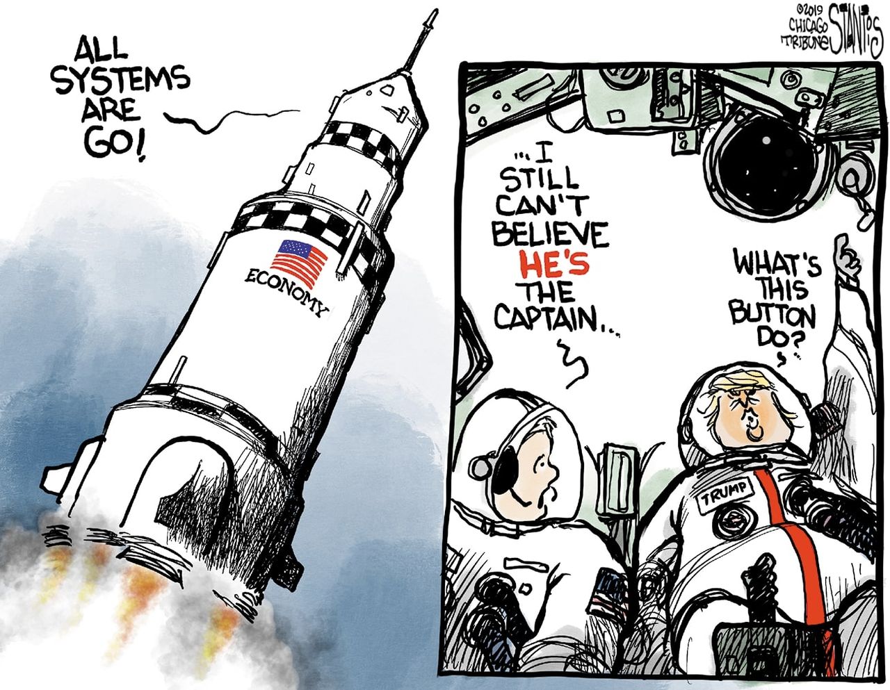 Political Cartoon U.S. Trump NASA economy 2020 presidential election