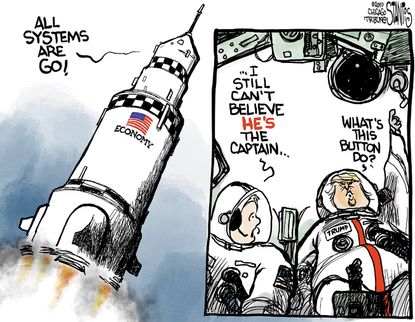 Political Cartoon U.S. Trump NASA economy 2020 presidential election
