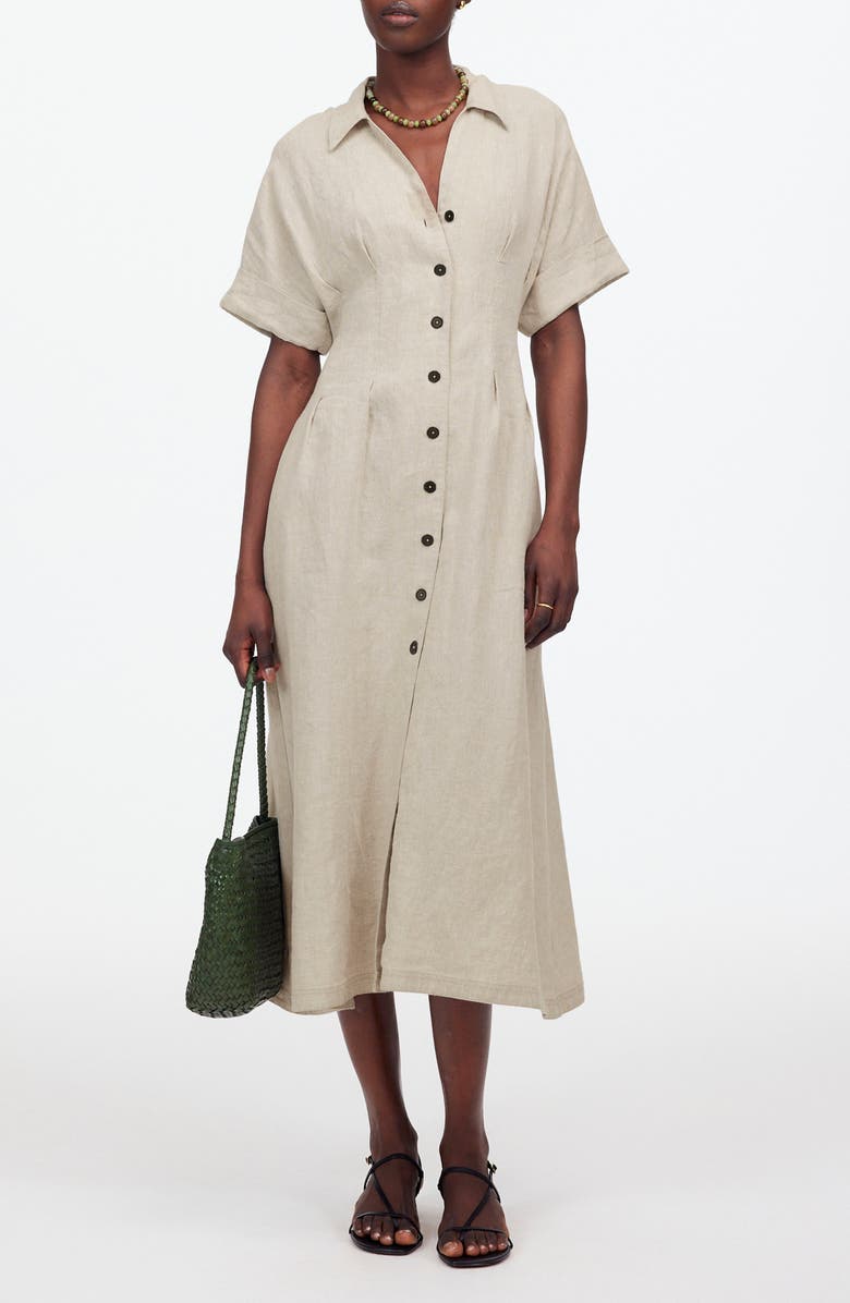 Pleated Button Front Linen Midi Shirtdress