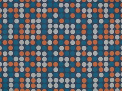 Alexander Girard print, dark blue background, orange, blue and grey dot pattern
