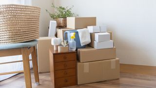 moving boxes in a wooden hallway