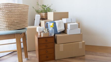 moving boxes in a wooden hallway