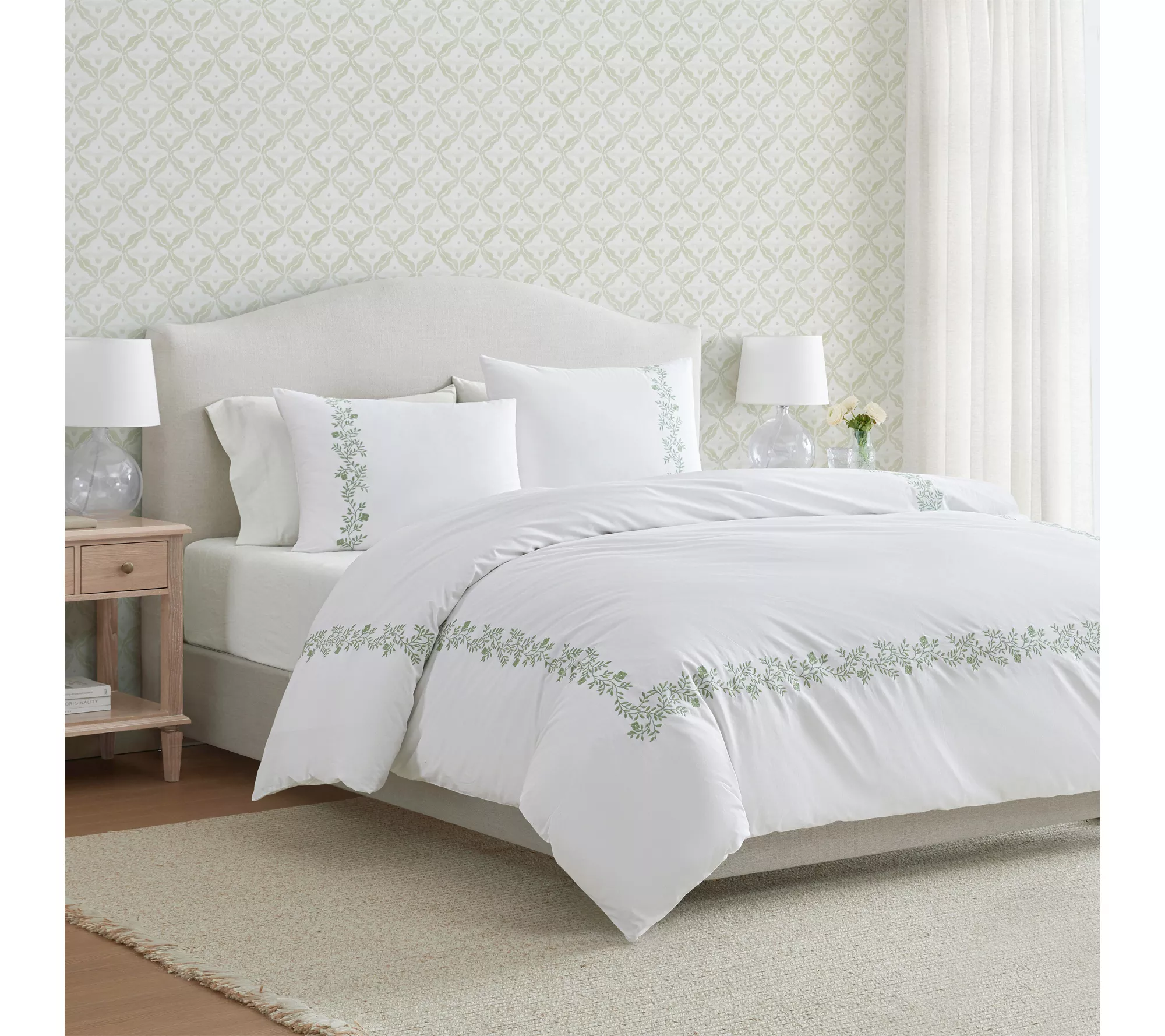 Martha Stewart Garden Path White/green Cotton Queen Duvet Set