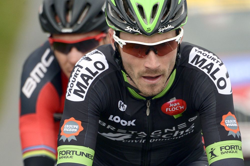 France's Florian Vachon (R) and Belgium's Philippe Gilbert ride in a breakaway.