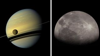 dual image showing saturn with a transiting moon on the left, and a grey planetary body on the right.