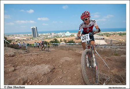 Katrin Leumann (Switzerland) leads the elite women's race in Haifa.