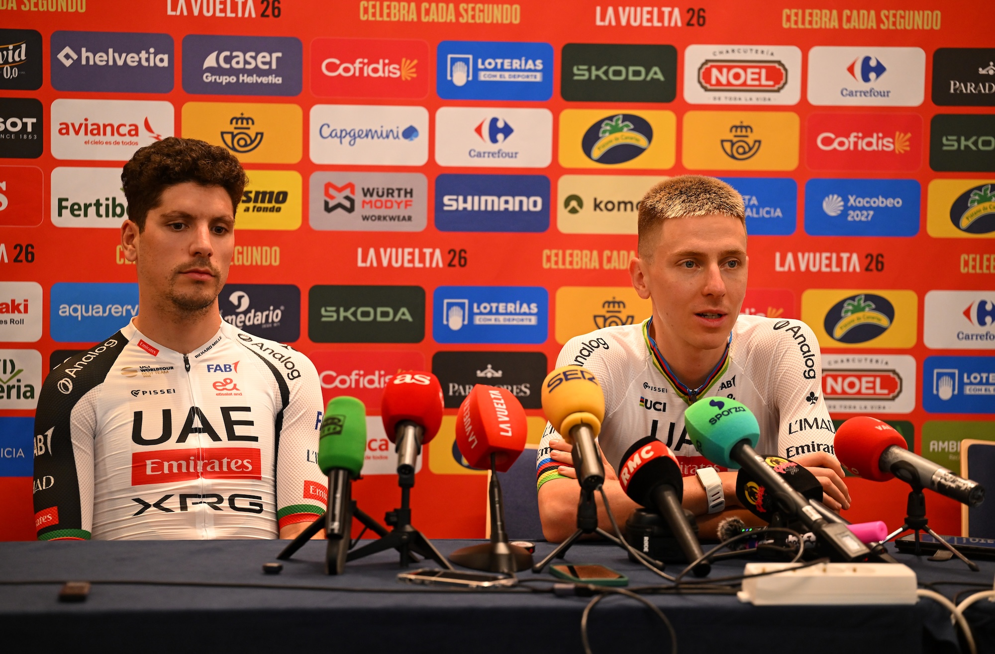 MONACO, MONACO - AUGUST 20: (L-R) Joao Almeida of Portugal and Tadej Pogacar of Slovenia and UAE Team Emirates - XRG meets the media press during the La Vuelta - 81st Tour of Spain 2026, Press conference / #UCIWT / on August 20, 2026 in Monaco, Monaco. (Photo by Tim de Waele/Getty Images)