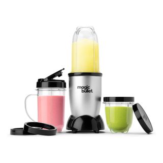 Magic Bullet Blender with cups and colorful smoothies