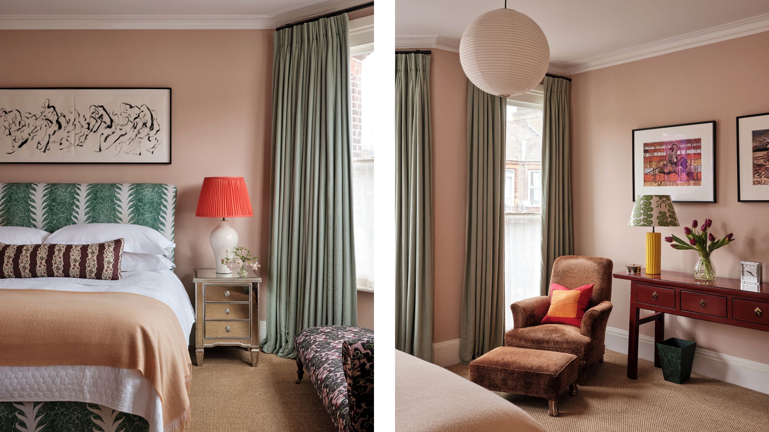 two side by side images of a pink primary bedroom with green upholstered bed, sage drapes, fun art and a sitting area make a warm relaxation zone