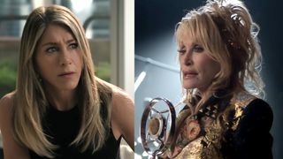 Aniston in black top with cut off sleeves in Apple TV's The Morning Show, Dolly Parton glammed up in gold and black in front of a microphone performy 'What's Up' in music video of same name.