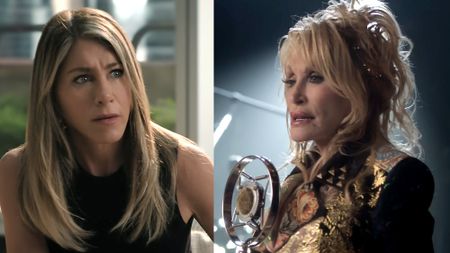 Aniston in black top with cut off sleeves in Apple TV's The Morning Show, Dolly Parton glammed up in gold and black in front of a microphone performy 'What's Up' in music video of same name.