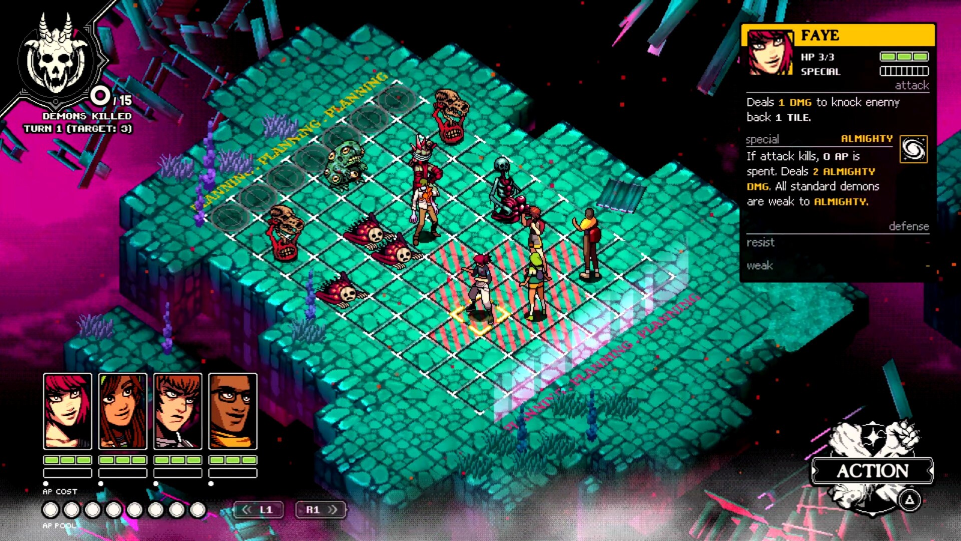 An overview of a turn-based battle in the RPG Demonschool