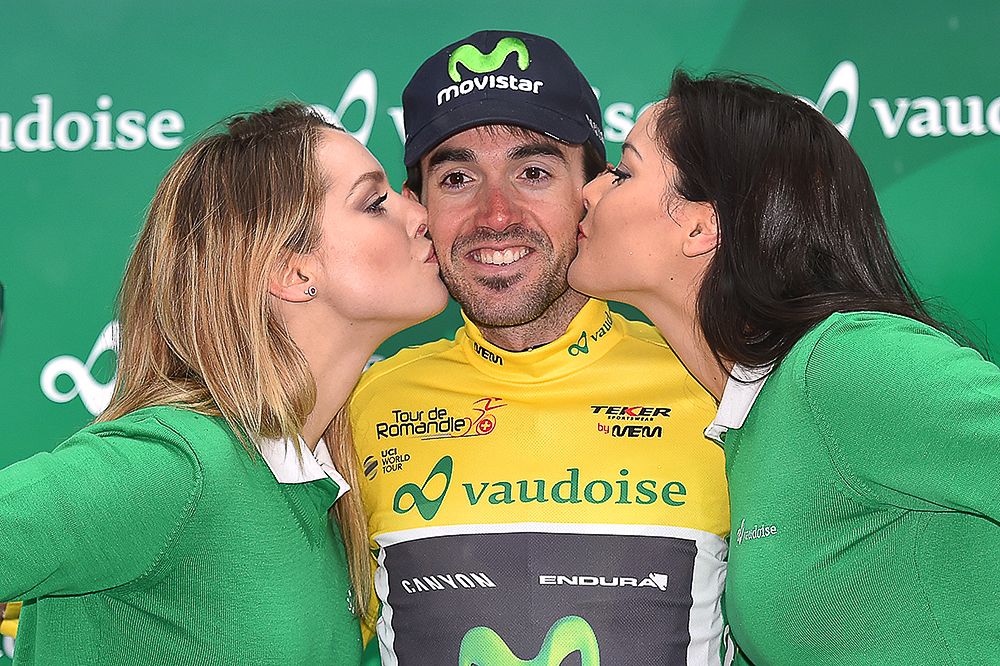 Jon Izagirre on the podium after winning the Romandie prologue.