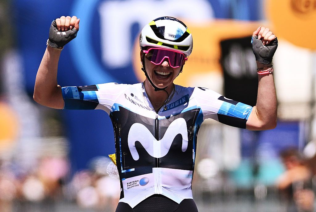 TERRE ROVERESCHE, ITALY - JULY 11: Liane Lippert of Germany and Team Movistar celebrates at finish line as stage winner during the 36th Giro d'Italia Women 2025, Stage 6 a 145km stage from Bellaria-Igea Marina to Terre Roveresche (Orciano di Pesaro) / #UCIWWT / on July 11, 2025 in Terre Roveresche, Italy. (Photo by Luc Claessen/Getty Images)